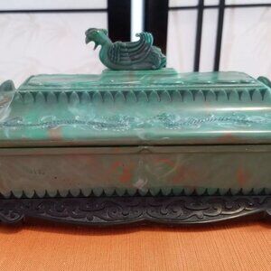 Art Deco Celluloid Green Marbled Dressing Table Box - Phoenix on Top